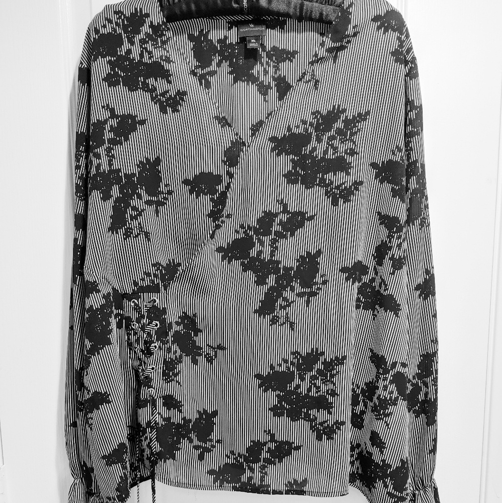 Black & White Stripe & Flower Print Blouse Size XL
